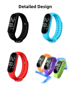 Detail view of multi-color smart digital sport watches with silicone bands and LED screens