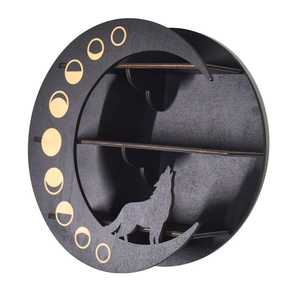 Round wooden moon phase and wolf silhouette wall shelf with three tiers for display