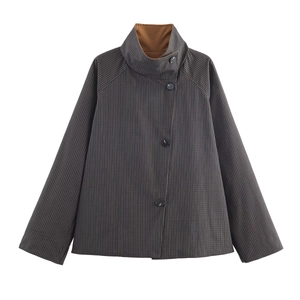 Women's short dark grey pinstripe jacket with stand collar and single-breasted design