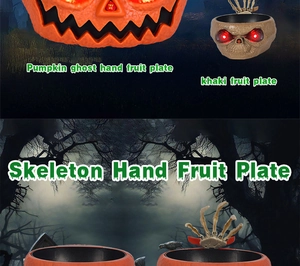 Close-up of Halloween ghost fruit plate with glowing red eyes and skeleton hand features