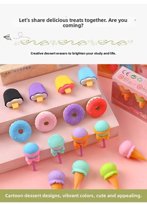 Detailed view of colorful dessert-themed erasers in creative packaging for kids