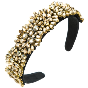 Detail of vintage headband with champagne rhinestones and floral crystal clusters