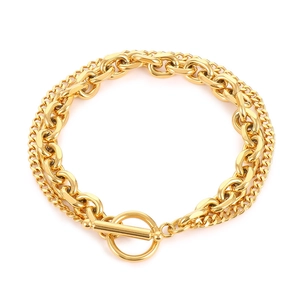 Double-layered gold titanium steel Cuban link bracelet with OT toggle clasp and minimalist style