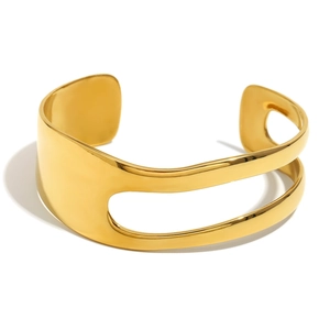 Minimalist double layer open gold bangle with asymmetrical irregular hollow design