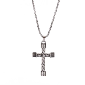 Hip hop style stainless steel cross pendant necklace with textured spiral pattern detail