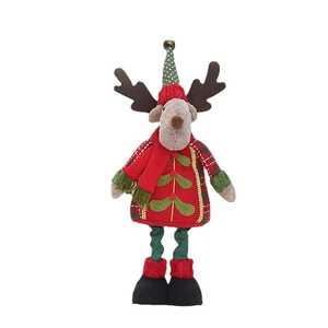 Christmas reindeer plush figurine with red knitting and jingle bell decoration