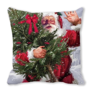 Detail of Santa Claus illustration with Christmas tree on peach skin pillowcase