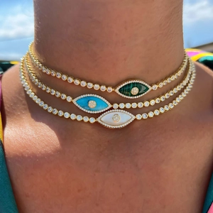 Three-layered gold 18K tennis necklaces with malachite and turquoise evil eye pendants