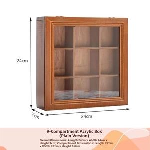 Detailed view of vintage 9-slot wooden box showing specific dimensions 24x24x7cm