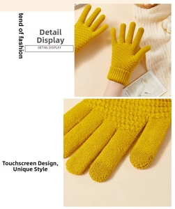 Detailed close-up of yellow knit gloves with touchscreen finger tips and pineapple texture