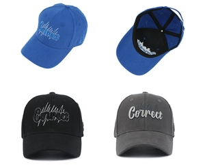 Detail view of cotton baseball caps with 3D letter embroidery and adjustable metal buckle