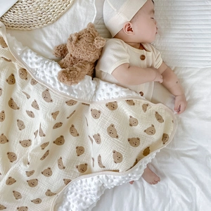 Baby Blanket Minky Dot Cotton Gauze Soft Soothing Breathable Summer Air Conditioning Quilt Cartoon Bear Print Swaddle Toddler
