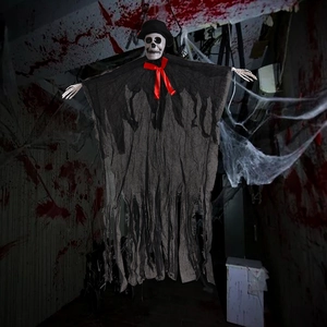 Detailed view of Halloween hanging ghost with skull, black top hat and tattered robes