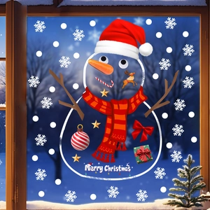 Detailed Christmas window stickers with Santa Claus and snowman against a snowy night scene