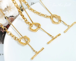 Close-up of gold OT toggle clasp on adjustable dual-texture titanium steel chain