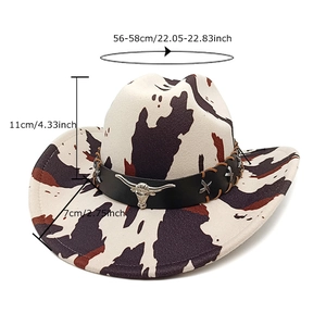 Classic cow print western cowboy hat with metal bull head buckle and black leather band