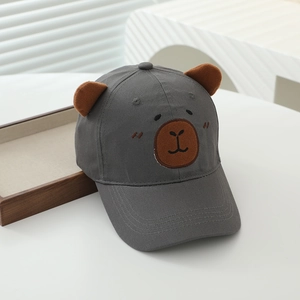 Detail of grey cotton baseball cap with 3D bear ears and cute facial embroidery