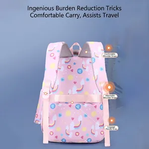 Pink ergonomic school backpack for girls with rainbow patterns and breathable mesh back padding