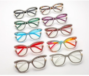 Collection of cat-eye glasses frames with rhinestones and pearl accents in various colors
