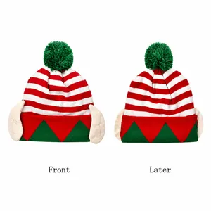 Knitted Christmas elf hat with red white stripes and decorative ears from front and back view