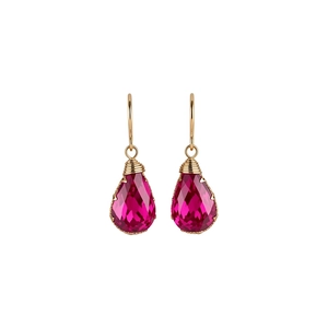 Elegant handmade teardrop hook earrings featuring vibrant faceted ruby pink resin stones
