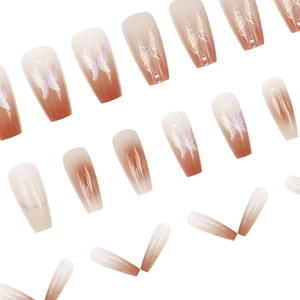 Coffin butterfly press-on nails with elegant orange ombré and white gradient design