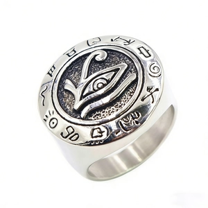 Vintage stainless steel Eye of Horus ring with engraved Egyptian hieroglyphs for men
