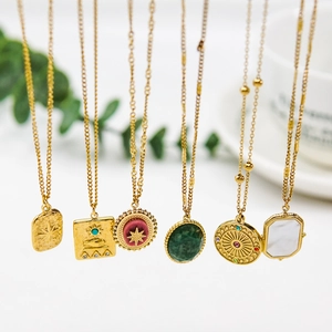 Luxury gold plated stainless steel necklaces with natural stone and zircon pendants