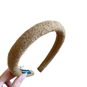 Brown plush velvet padded headband with handmade label for elegant autumn winter hair styling