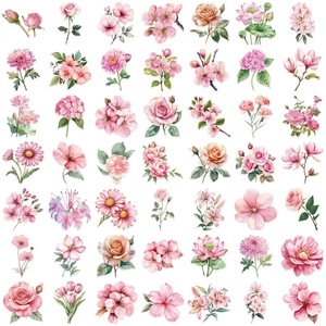 50 pieces of waterproof pink floral PET stickers featuring roses and daisies for scrapbooking