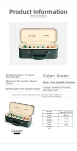 Detail view of large green PU leather 15-slot bracelet storage box with handle and metal lock