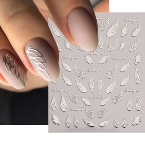 Détail d'autocollants pour ongles ailes d'ange argentées avec texte et modèle SWT016