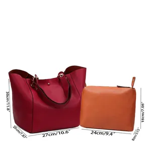 Detailed size measurement chart for large tote bag and matching smaller inner pouch