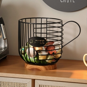 Cup-shaped iron coffee capsule basket with wooden base and metal COFFEE label
