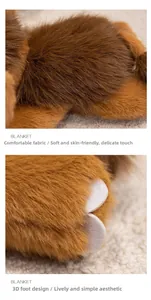 Close-up of soft brown faux fur fabric and plush mammoth paws with detailed stitching