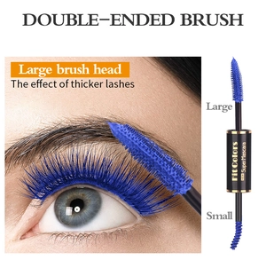 Blue double-ended mascara with macro view of large and small brush heads for volume