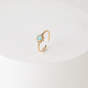 Vintage Sunburst Open Adjustable Ring Brass 14K Gold Plated Turquoise Color Stone Boho Jewelry For Women