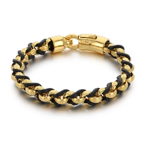 Herren Lederarmband mit goldfarbenen Gliedern aus 316L Edelstahl und Greca-Gravur
