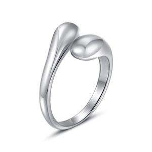 Adjustable irregular stainless steel open ring with glossy silver double-wrap waterdrop design
