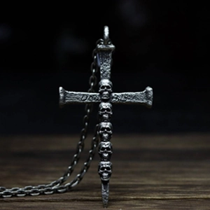 Gothic skull cross pendant necklace in vintage silver finish with a durable steel chain