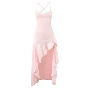 Elegant light pink irregular high-low hem dress with ruffled edges and thin straps