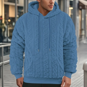 Men Hoodie Teddy Velvet Sherpa Fleece Cable Knit Jacquard Long Sleeve Thick Warm Casual High Street Autumn Winter