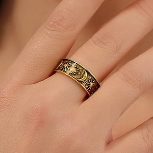 Vintage Star Moon Sun Embossed Alloy Ring Bohemian Wide Band Retro Punk Style Jewelry For Men And Women