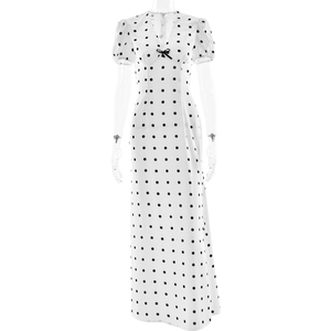 Elegant white polka dot short sleeve V-neck slimming maxi dress with black bow detail