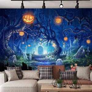 Halloween 3D render wall tapestry with creepy pumpkins and misty forest in a modern room