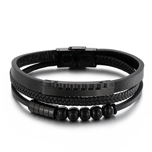 Men's multi-layer black braided leather bracelet with stainless steel beads and clasp