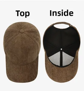 Detail view of coffee corduroy baseball cap showing top seams and black interior lining