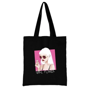 Schwarze Canvas-Einkaufstasche mit pinkfarbenem Girl Power-Druck und Grafik