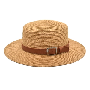 Sombrero de Paja para Mujeres Hombres Verano Parte Superior Plana Jazz Fedora Sombrero de Sol Playa Con Banda de Hebilla de Cuero Transpirable Viaje