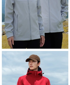 Close-up of softshell hooded jacket with waterproof zippers and adjustable cuffs